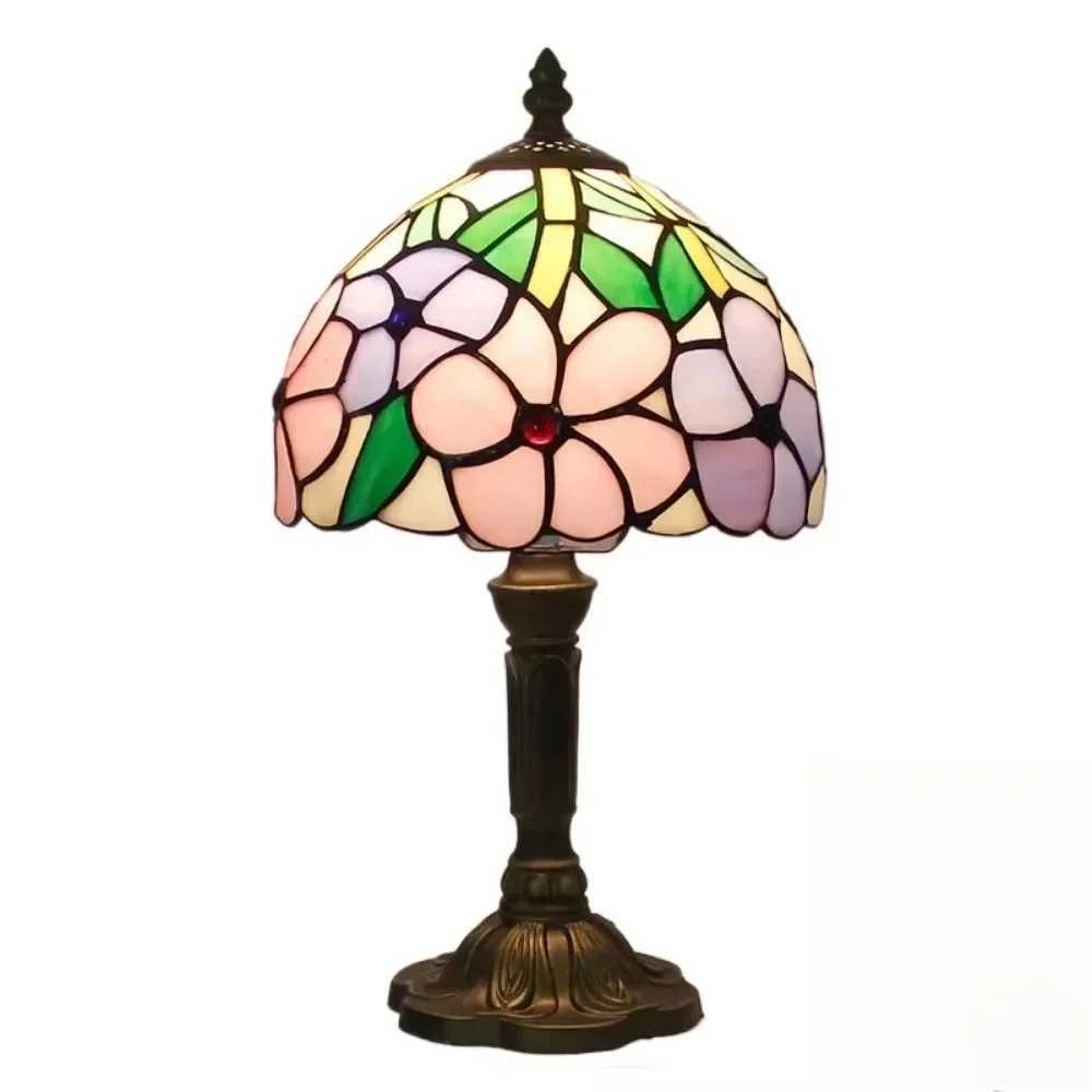 8inch Tiffany Stained Glass Curved Beige Lampshade Table Lamp American Living Room Bedroom Night Light Villa Hotel Desk Lamp Z250211