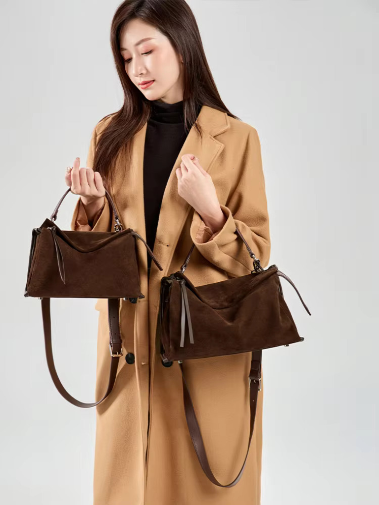 2025 Large Zipper Opening Design Pillow Tote 2 Sizes Coffee Real Nubuck Leather Women's Handbag High-end Winter Shoulder Bag