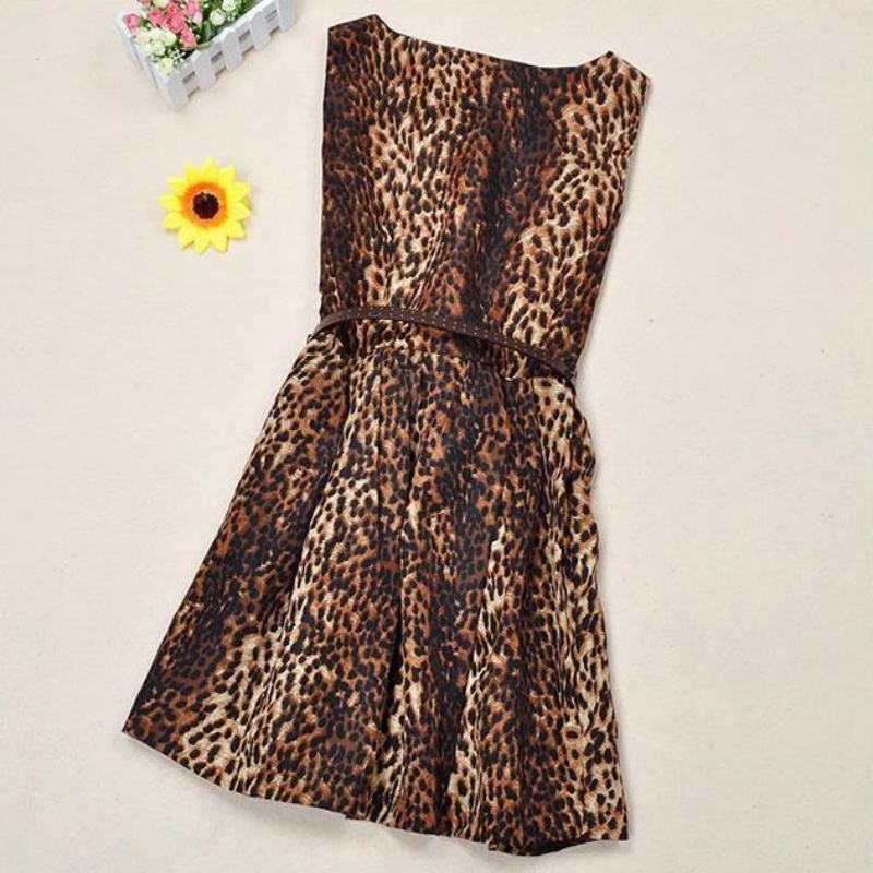 Summer Leopard Grain Dress Women Slim Printing Sleeveless Sexy Dress No Belt S M L