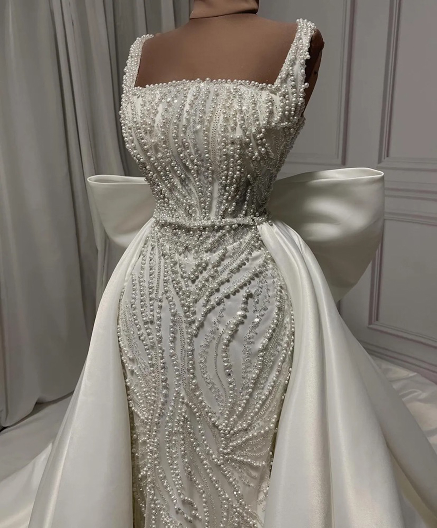 Detachable Mermaid Wedding Dresses Spaghetti Straps Bridal Gowns with Overskirts Pearls Beaded Sequins Slim Custom Made Sleeveless Vestidos De Novia