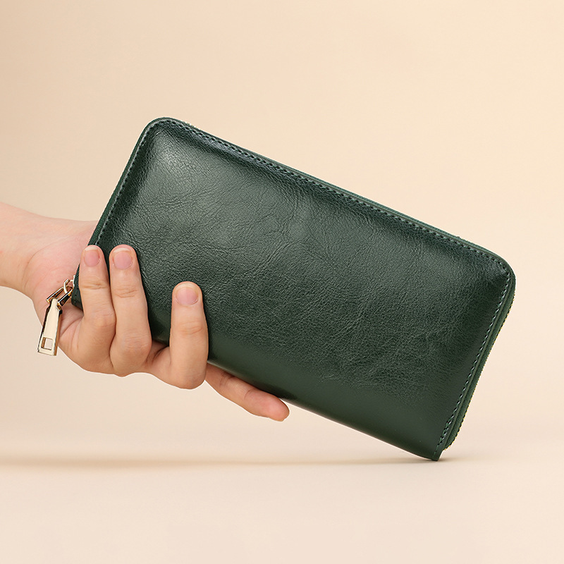 New Oil Wax Pattern Cowhide Women's Zipper Wallet Long Genuine Leather Large Capacity Handbag swissmilitary