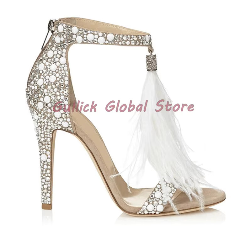 Peep Toe Rhie Fur Zipper Stiletto Sandals Summer Casual Sexy Comfortable Breathable Fashionable Women High Heel Shoes