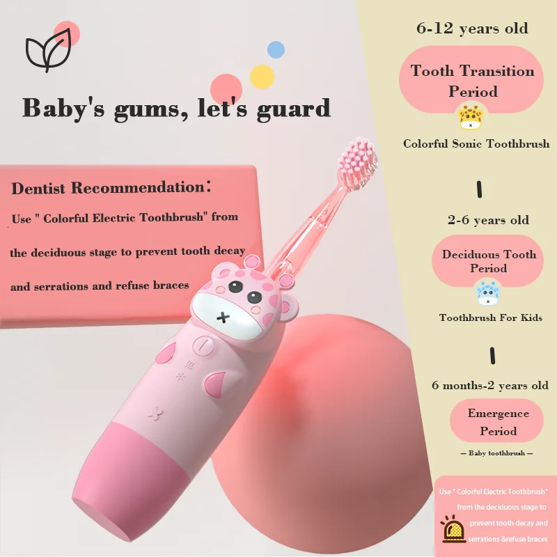 For 3-12 Ages Childrens Gift Sonic Electric Toothbrush Colorful LED Sonic Cute Kids Tooth Brush Smart Timer Brush Heads 250113