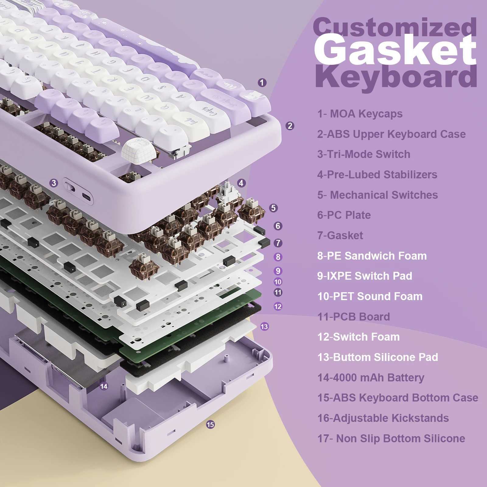 Keyboards YUNZII B87 Purple Mechanical Gaming Keyboard Wireless Custom QMK/VIA Gasket Keyboard with Cute Keycap Wrist Rest for Win/Mac S25210