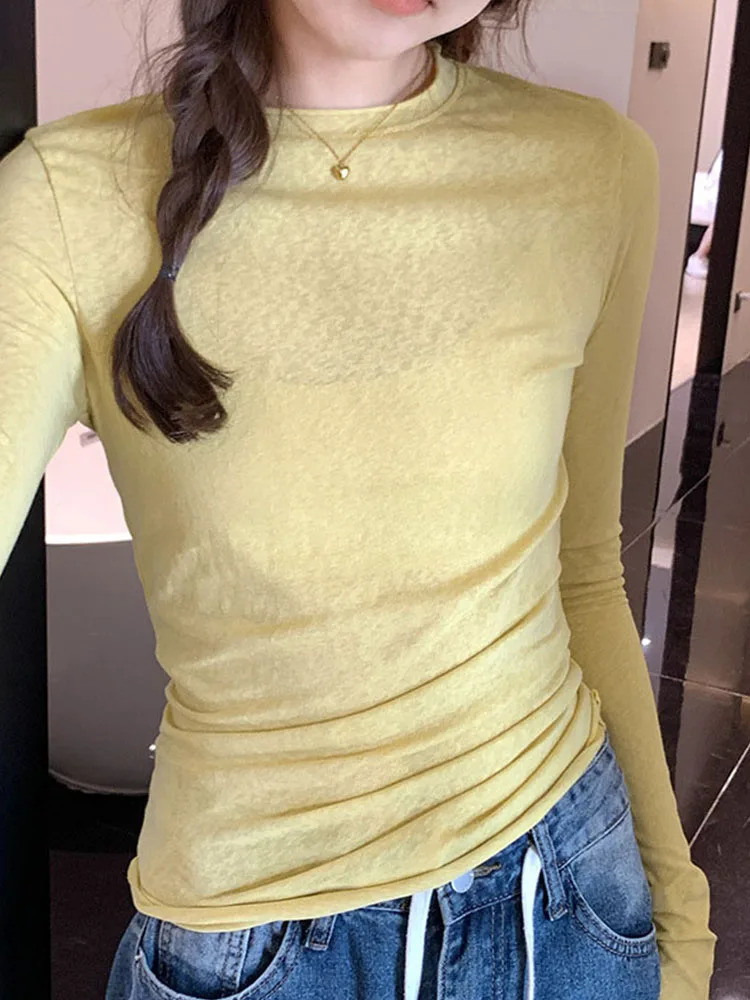 Spring Autumn T shirt Women Tops Solid Slim Fit Long Sleeve O Neck Tshirts Female Casual Streetwear High Quality Base Tees 250206