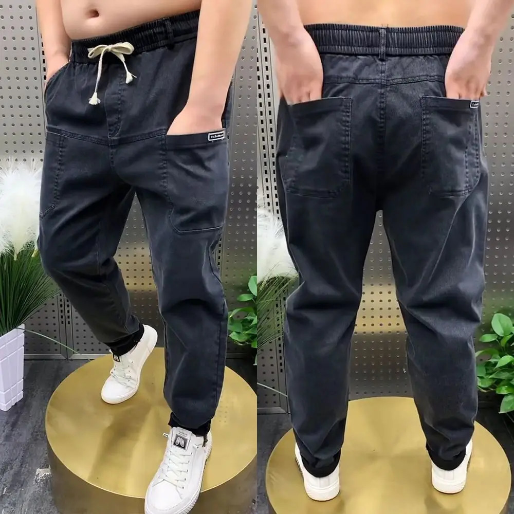 er Streetwear Washed Men Baggy Mens Elastic Waist Denim Jeans Six Pockets for Spring Autumn Harem Trousers Male 250210