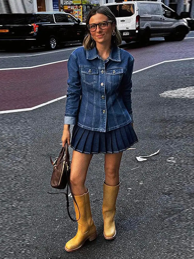 Retro Denim Jacket Pleated Skirt Womans Set Casual Loose Lapel Button Jackets High Waist Mini Skirts Sets Lady Chic Streetwear 250211