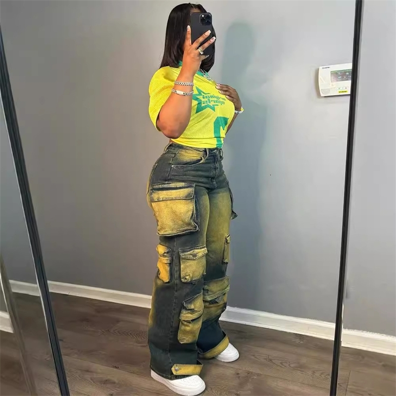 Womens Straight Leg Jeans Trendy And Personalized Multi Pocket Hanging Dye High Waisted Work Pants