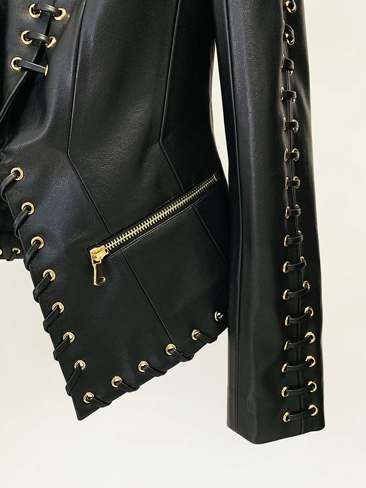 HIGH QUALITY est Fashion er Jacket Womens Rope Lacing Up Slim Fitting Leather Blazer 250208