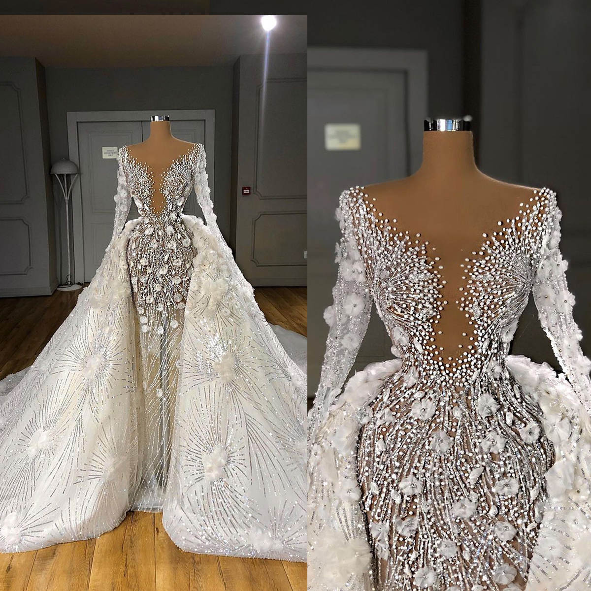 Plus Size Glamorous Mermaid Wedding Dress Beaded Crystals Pearls Sheer V Neck Sparkly Bridal Gowns Dresses Customized