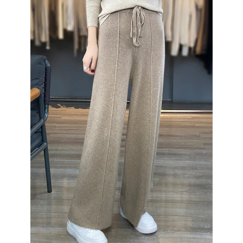 100% Pure Wool Womens High Waisted Wide Leg Autumn Winter Casual Loose Fitting Fashion Korean Cashmere Pants 2 Z260314