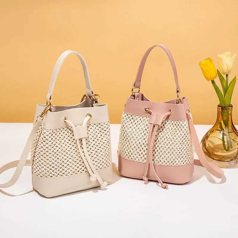 Large bucket bag womens handbag mesh Drstring portable beach handbag round leather handbag Sac A Mains womens handbagXJ250412