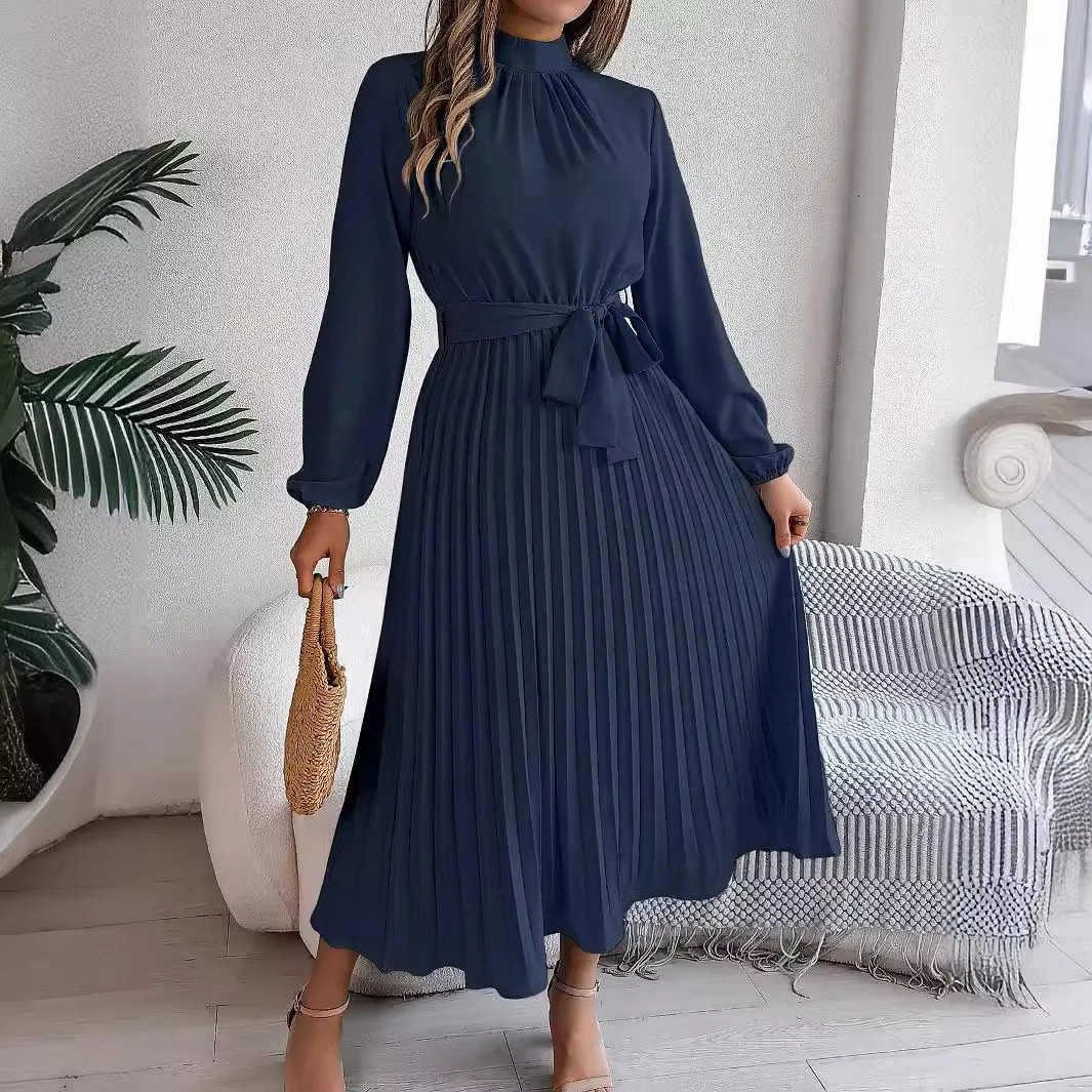 Elegant Womens Solid Color Pleated Lace Up Autumn And Winter Dresses Fashionable Standing Collar Long Sleeved Dress 250211