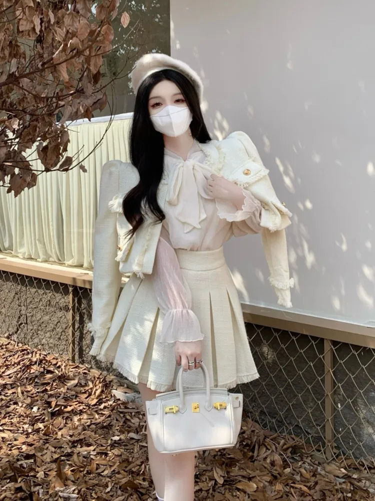 Spring French Vintage Tweed Two Piece Set Women Short Jacket Coat Pleated Skirt Suits Korean Ladies Outfits 250210