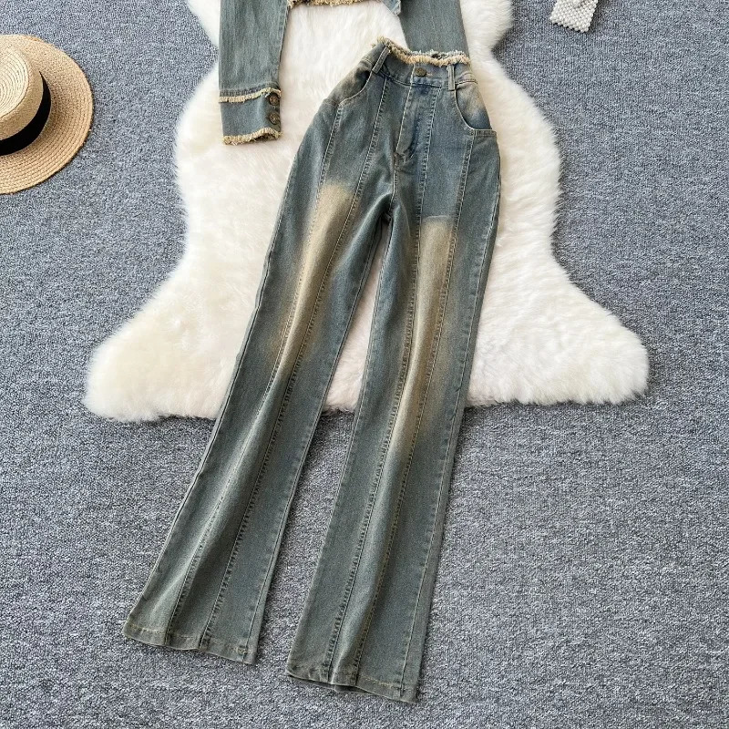 Autumn Denim 2 Piece Set Women Halter Slash Neck Off Shoulder Long Sleeve Pleated Jackets Casual Jeans Y2k Streetwear Suit 250211