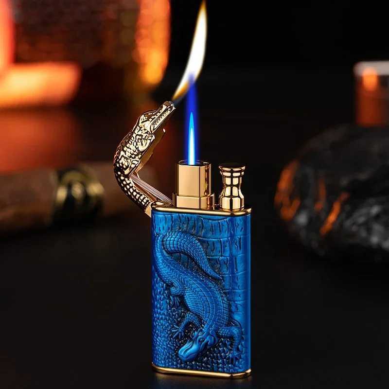 2024 3D Dragon Crocodile Double Fire Lighter Metal Windproof Spitfire Open Flame Conversion Gas Lighter Smoking Mens Gift Y250210