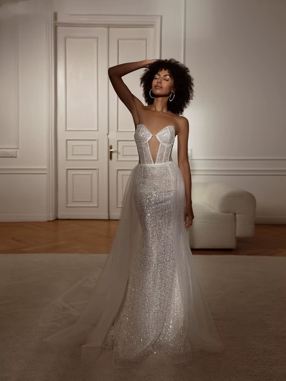 Simple Mermaid Wedding Dress Sweetheart Neck Sleeveless Bridal Gowns Sequins See Through Detachable Train Dresses Custom Made vestidos de novia