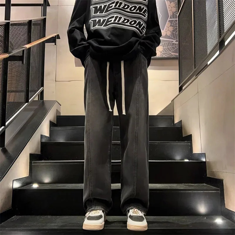Autumn Drawstring Baggy Y2K Jeans For Men High Street Straight Wideleg Denim Trousers Vintage Washed Jean Hombre Pantalones w250210
