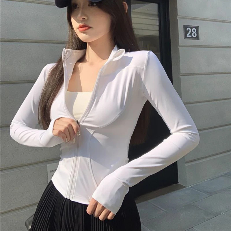 Rimocy Spring Summer Slim Fit Crop Top Korean Wild Sports Fitness Long Sleeve Coat Woman Y2K Streetwear Zipper Up T Shirt 250210