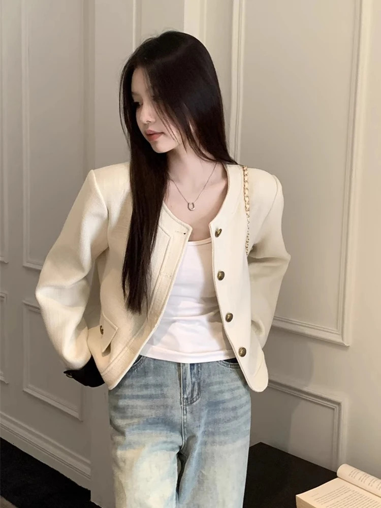 Jmprs Slim Elegant Tweed Jackets Women Fashion Korean Long Sleeve Short Coats Casual O Neck Female Fall Winter Tops 250210