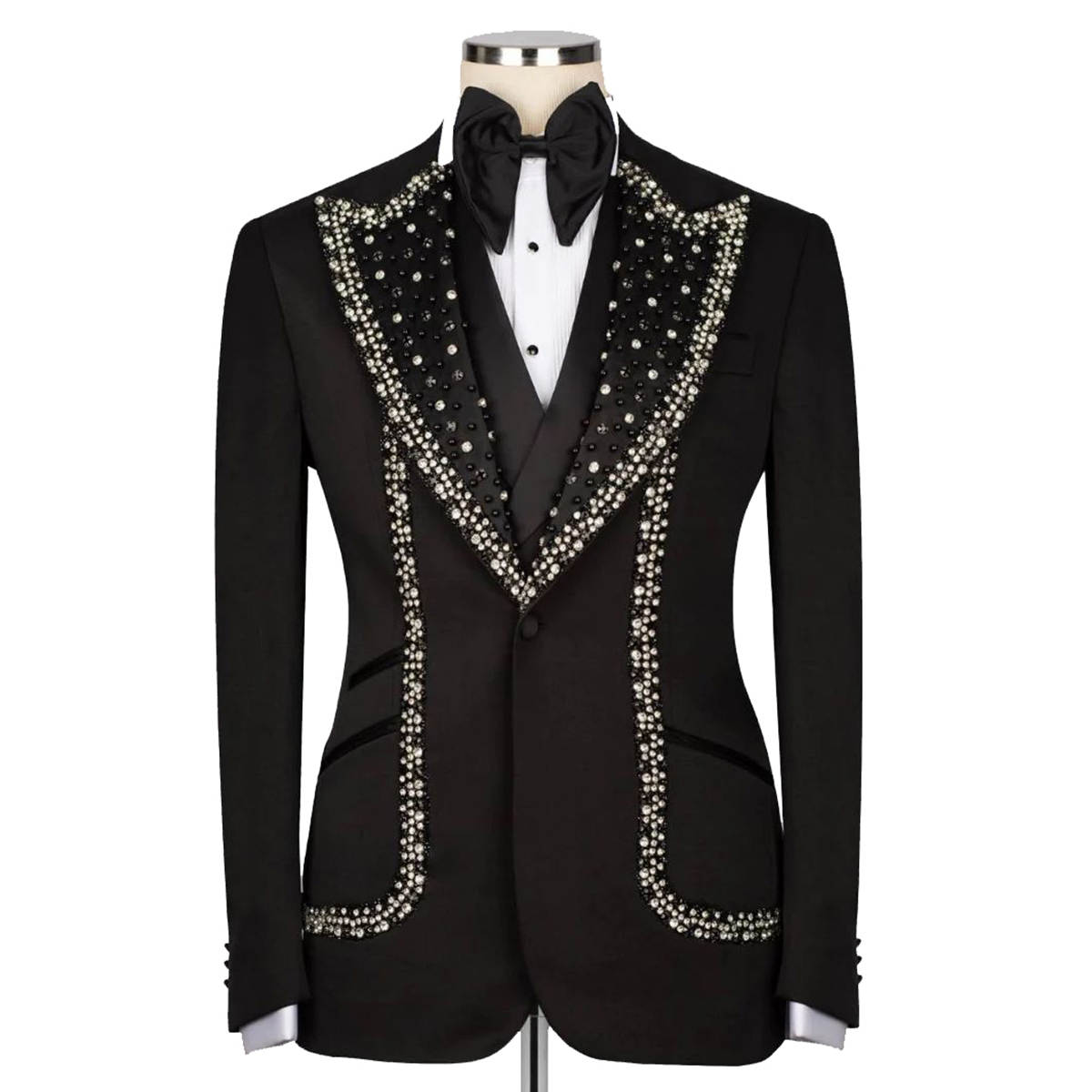 Gorgeous Wedding Tuxedos One Button Beaded Men Suit Peaked Lapel 3 Piece Set Jacket Vest Pants Groom Business Blazers Customized