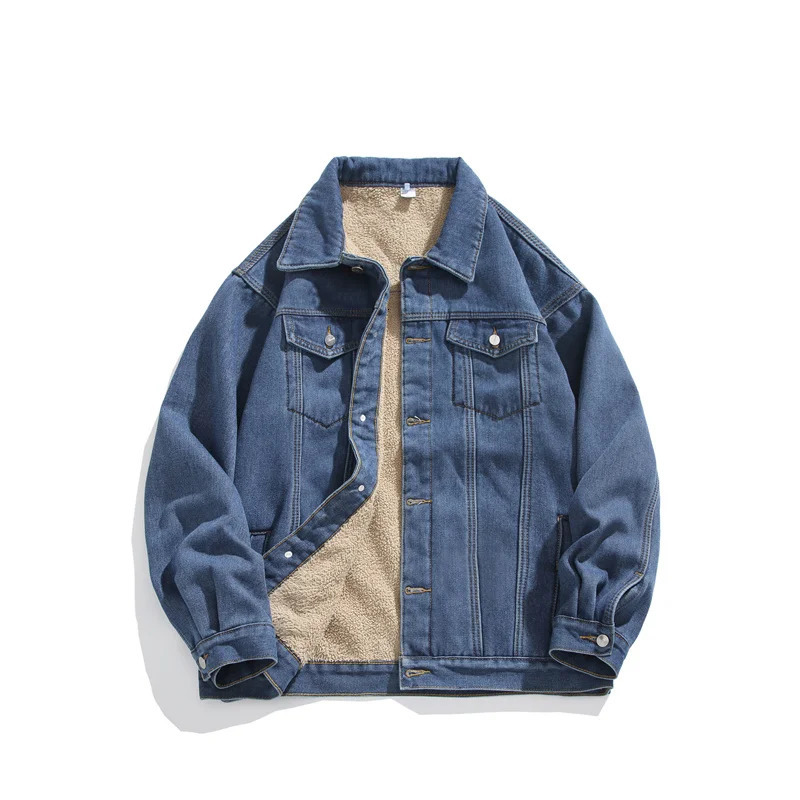 Mens winter jeans streetwear denim jacket warm denim jacket mens wool lining thick wool denim jacket 250211
