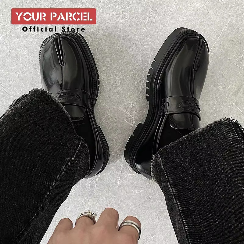 Split Toe Horseshoe For Men's Thick Sole Loafer Tabi Patent Korean Version Trend Casual Leather Shoes