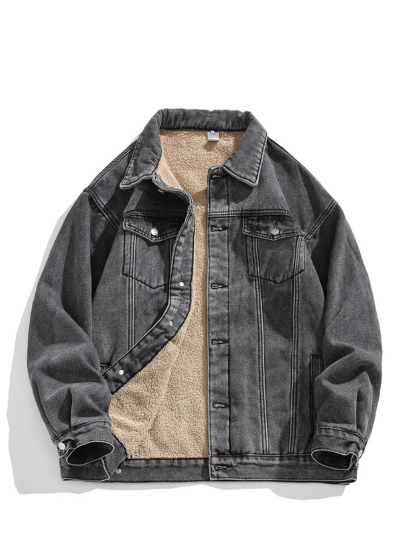 Mens winter jeans streetwear denim jacket warm denim jacket mens wool lining thick wool denim jacket 250211