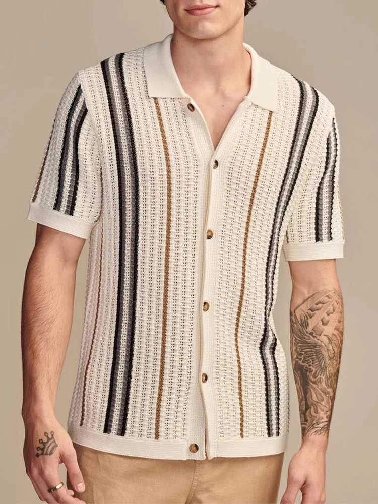 Vintage Striped Textured Knit Shirts Mens Fashion Turn-down Collar Buttoned Short Sleeve Knitted Tops For Men Casual Slim Shirt W250211