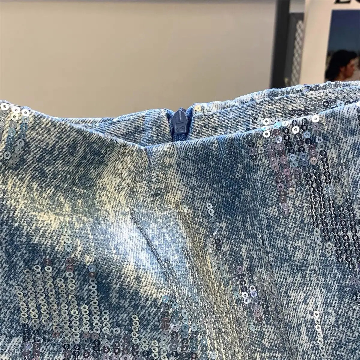 Blue Sequin Denim Skirt Jupe Femme Short Skirts for Women Korean Fashion Foldas Women Fashion Spring Summer Y2k Casual High 250211