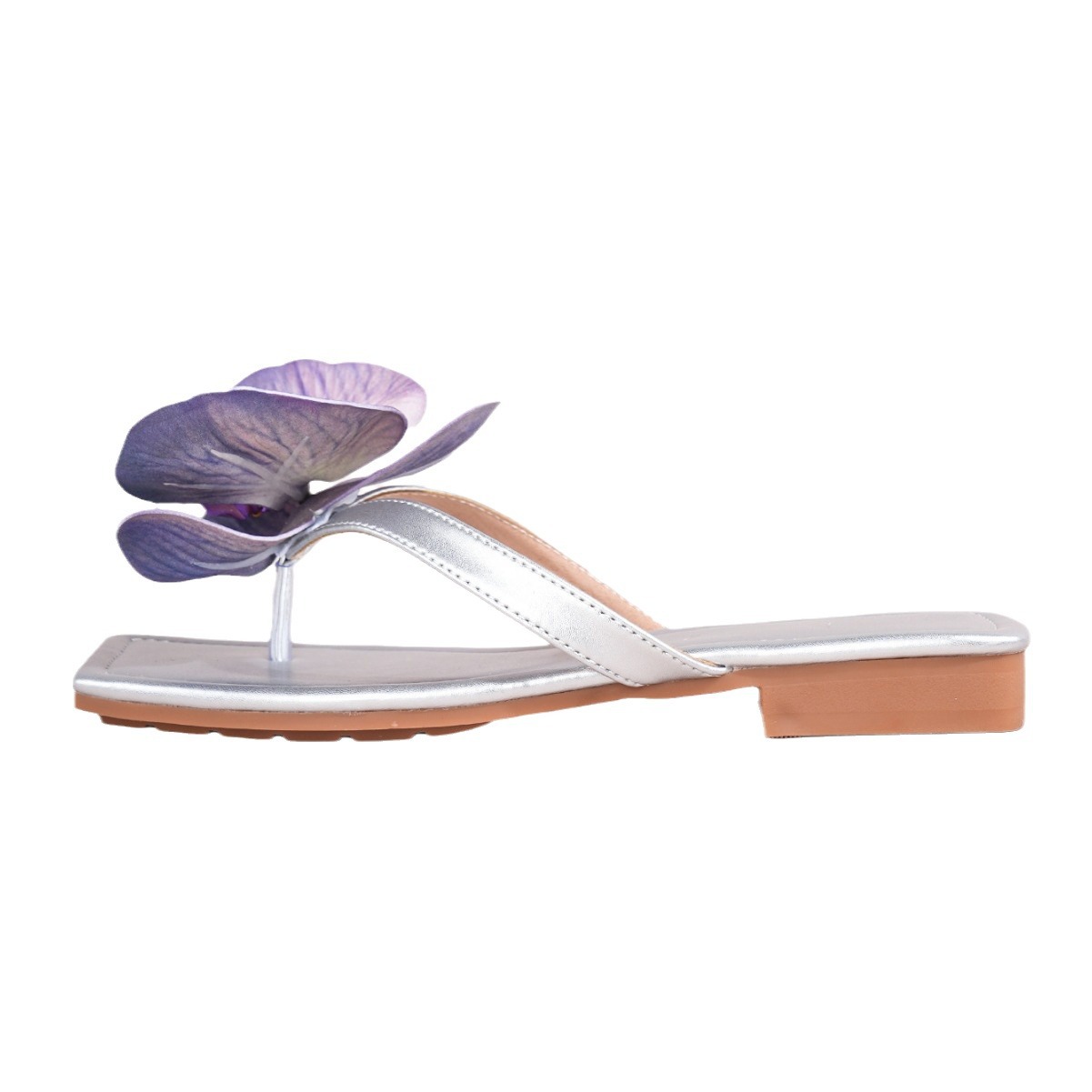 Women's flat slippers simulation flower decorative sandals flip-flops square head silver Middle Eastern and American sandals