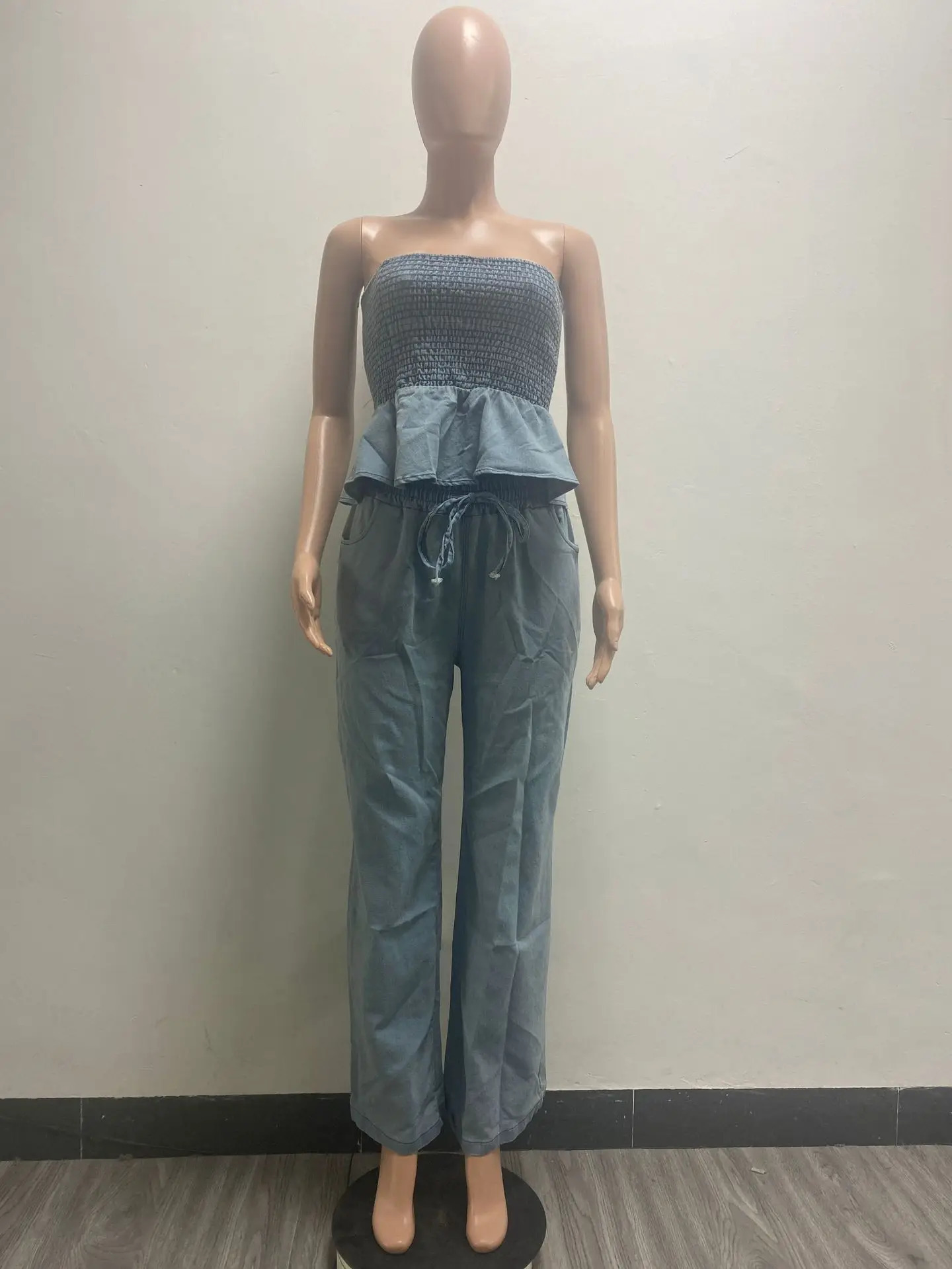 Jeans Wide Leg Pants Outfit Sexy Women Two Pieces Elegant Denim Club Matching Set Ruffles TopTrousers 250211