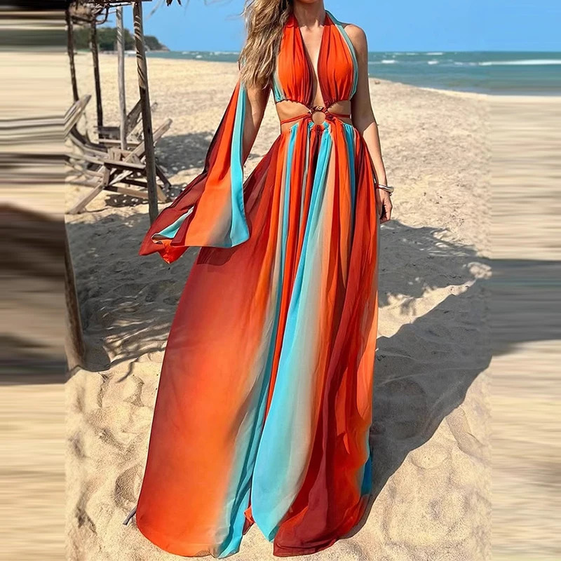 Summer Hollow Out Sleeveless Bohemian Dress Ladies Fashion Printed Pleated High Waist Dress Casual Halter Split Robe Dresses 250210