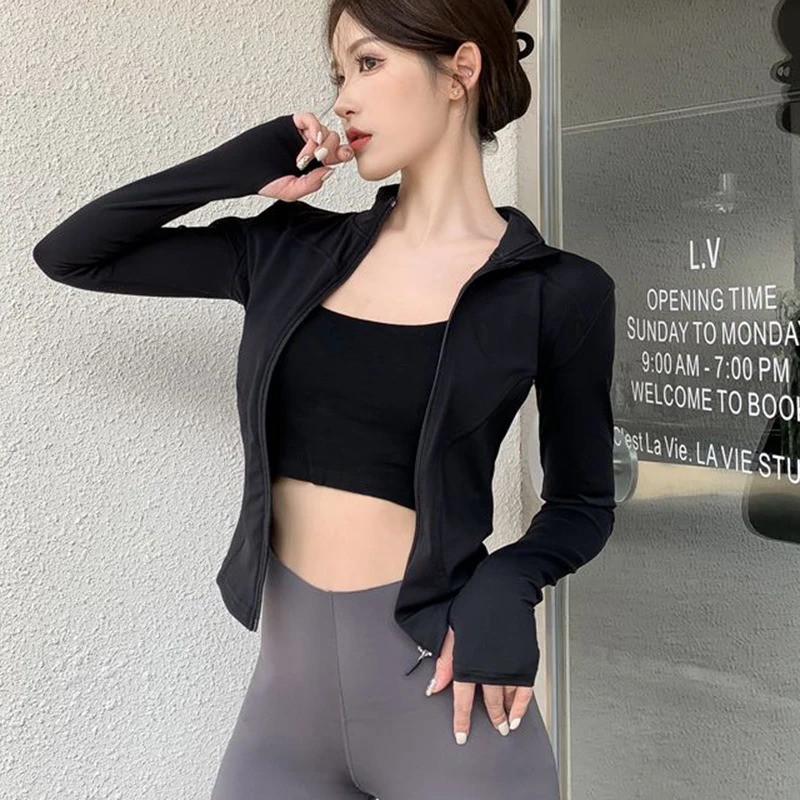 Rimocy Spring Summer Slim Fit Crop Top Korean Wild Sports Fitness Long Sleeve Coat Woman Y2K Streetwear Zipper Up T Shirt 250210