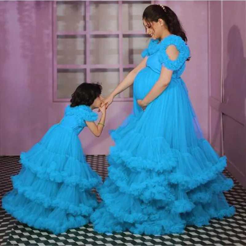 Maternity Dresses Puffy Mother And Daughter Tulle Prom Dresses Pretty Ruffles Tiered Mesh baby shower dresses for pregnant woman Pregnancy Dresses H25