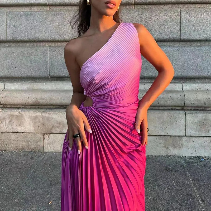 Elegant Women Ruffled Pleated Diagonal Collar Maxi Dress Evening Dress Spring Summer Backless Sleeveless Irregular Party Dresses 250210