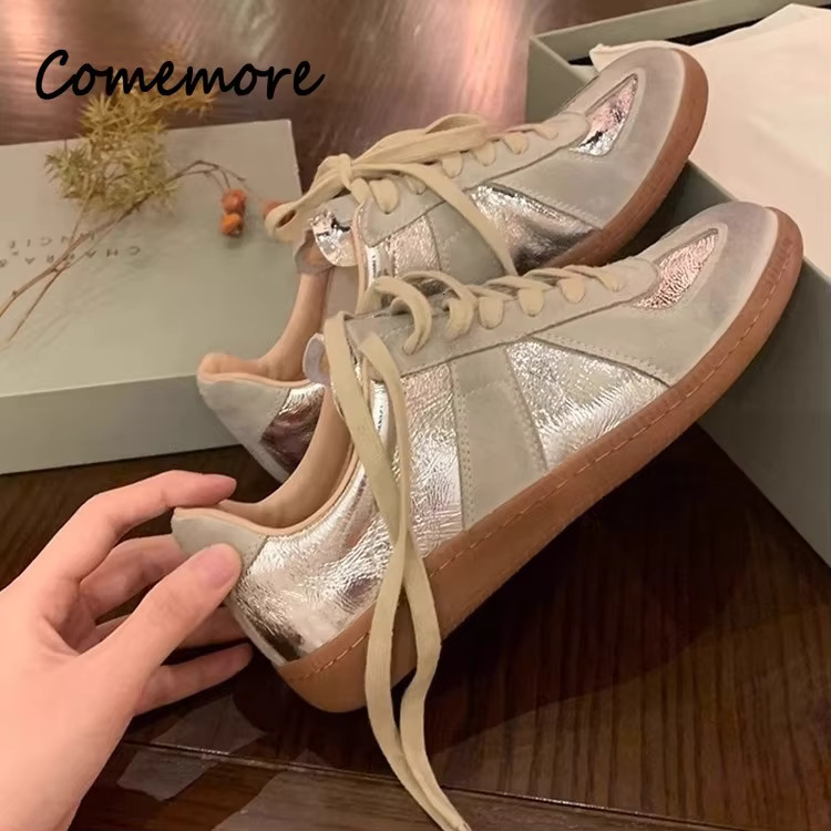 Designer Outdoor Casual Leather Sports Shoes Sier Lace Up Sports Flat Shoes Women's Anti Slip Breathable Tennis Running Shoes Basket Women's