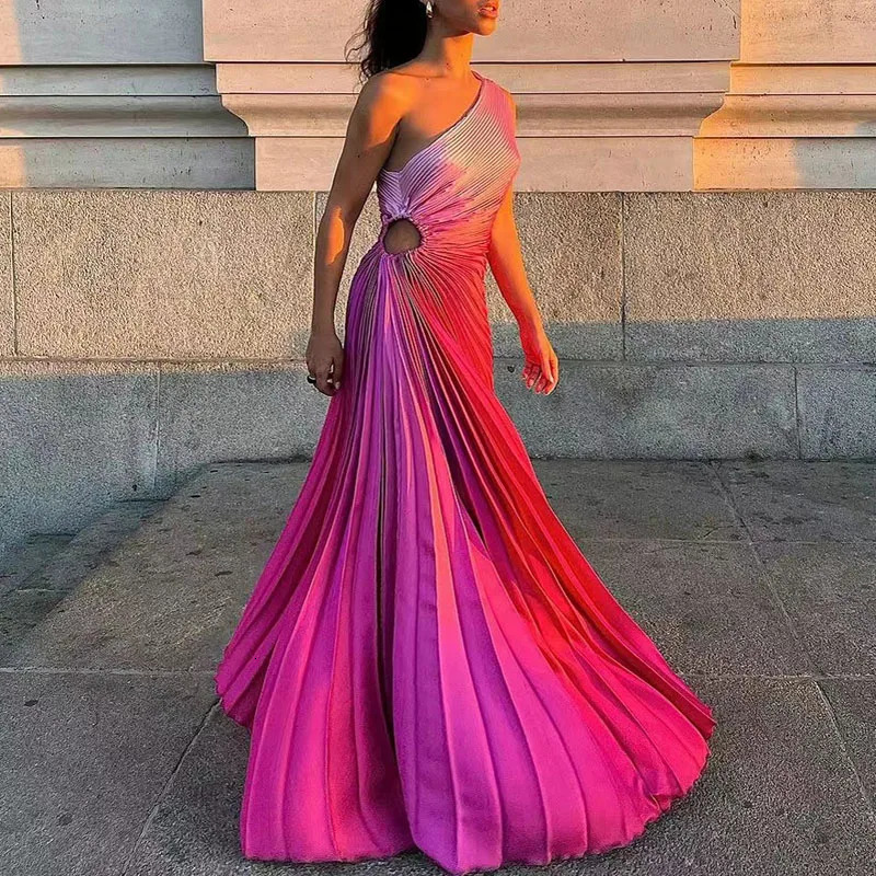 Elegant Women Ruffled Pleated Diagonal Collar Maxi Dress Evening Dress Spring Summer Backless Sleeveless Irregular Party Dresses 250210