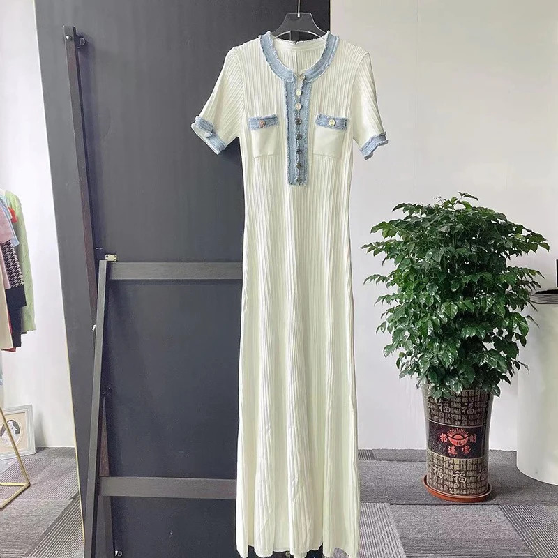 YuooMuoo Fashion Denim Patchwork O-neck Single Breasted Knit Maxi Dress Elegant Pockets Long Shirt Dress Vacation Robes 250210