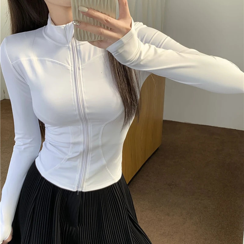 Rimocy Spring Summer Slim Fit Crop Top Korean Wild Sports Fitness Long Sleeve Coat Woman Y2K Streetwear Zipper Up T Shirt 250210