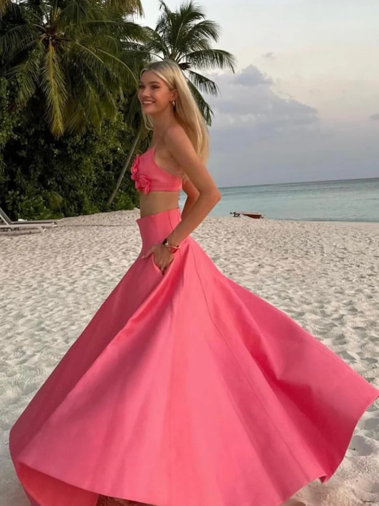 Summer Sexy Sleeveless Vest Maxi Skirt Two Pieces Set Women Elegant Flower Decor Crop Tops Skirts Suits Lady Vacation Party Gown 250210