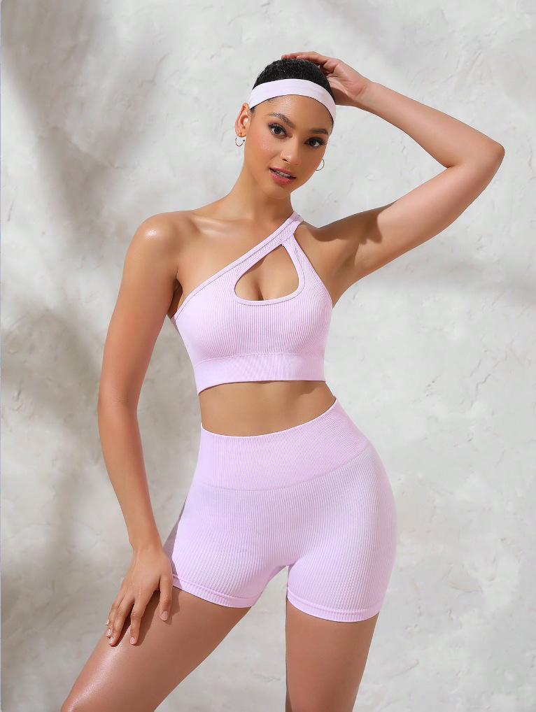 European and American women's threaded hollow sloping shoulder sexy bra seamless yoga suit peach hip shorts fitness set training sportswear