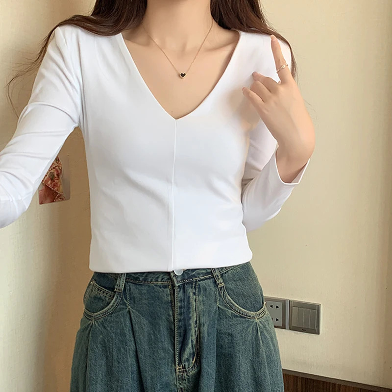 Casual Cotton V Neck Long Sleeve Tshirt Women Autumn Winter Fashion Shoulder Pad Slim Fit Female Tops Ladies Basic Elastic Tees 250211