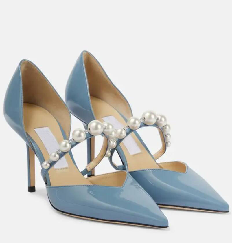 Dress Women Sandals Pumps London AURELIE Italy Trendy Pointed Toe Pearl Ankle Strap Silver Patent Leather Designer Evening Dress Sandal High Heels pointed toe