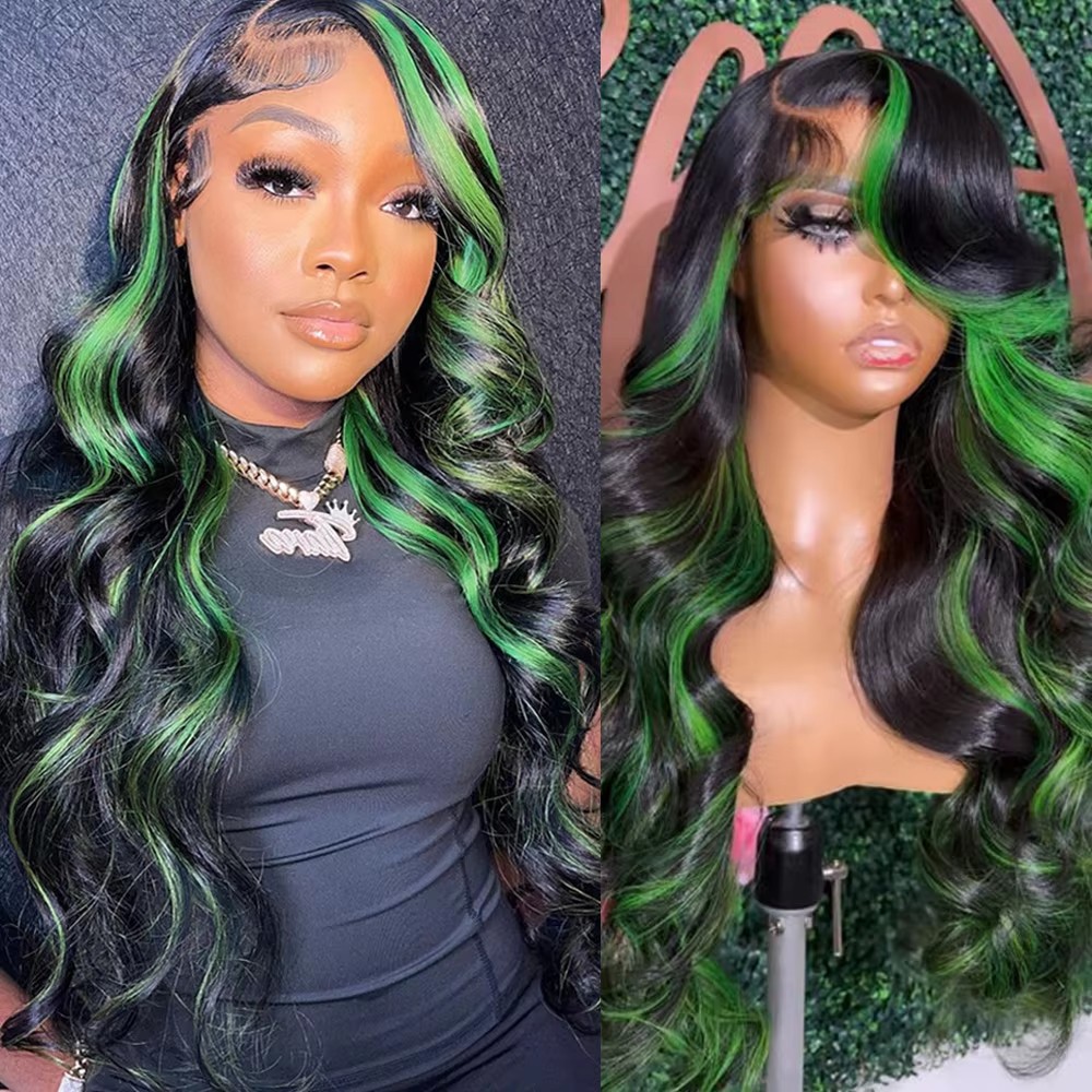 Peruvian Green Highlight Wig Human Hair Colored Green 13x4 Lace Front Human Hair Wigs for Women Synthetic Full Lace Front Wigs