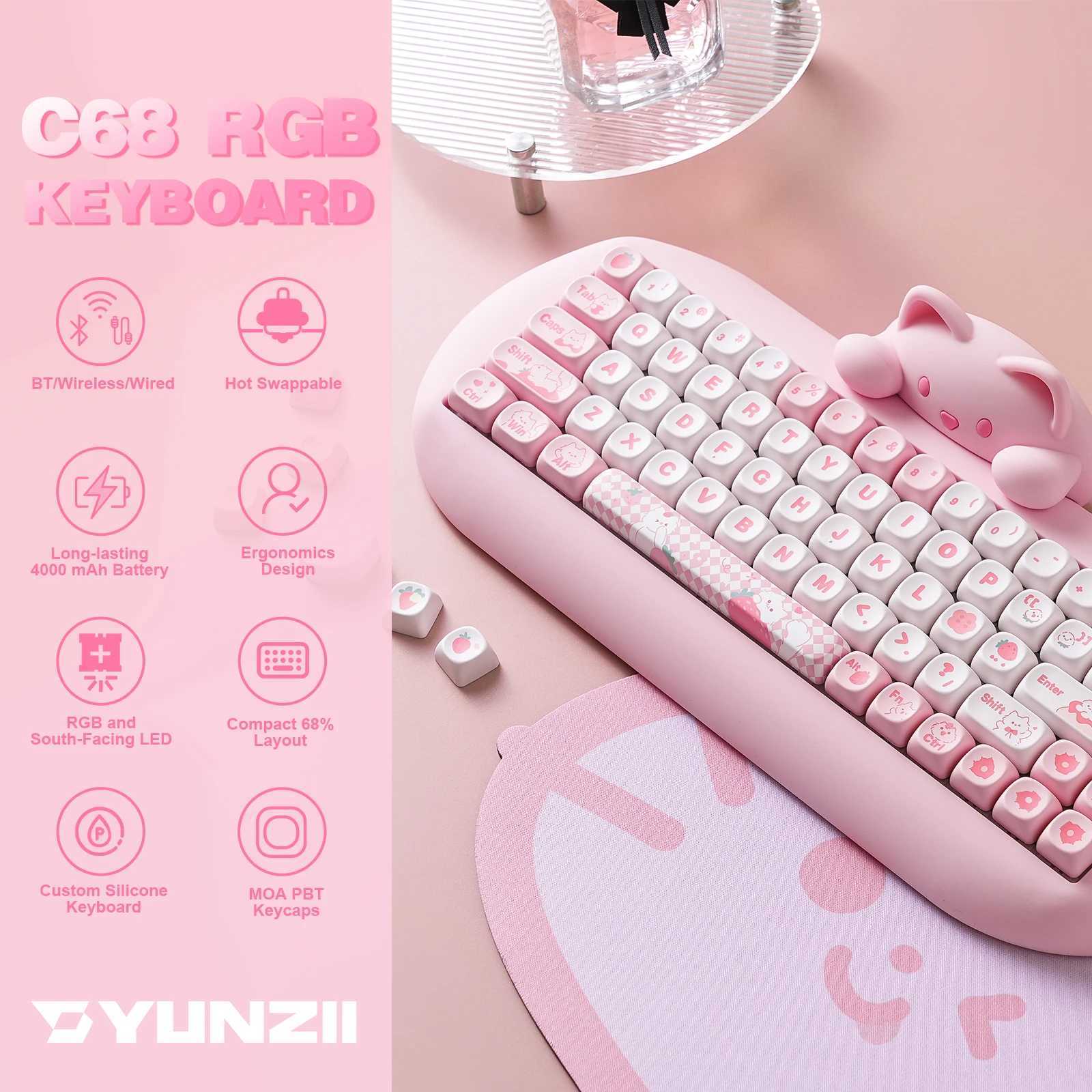 Keyboards YUNZII C68 Hi-Fi Wireless Gaming Keyboard Cute Cat 65% Custom RGB Mechanical Keyboard Silicone Hot Swap Ergonomic Keyboard S25210