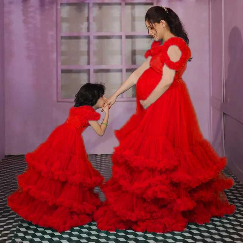 Maternity Dresses Puffy Mother And Daughter Tulle Prom Dresses Pretty Ruffles Tiered Mesh baby shower dresses for pregnant woman Pregnancy Dresses H25