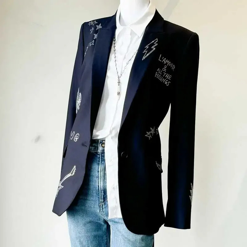 crystalembellished blazer women lapels long sleeves two side flap pockets high fashion autumn winter blazers female 250106