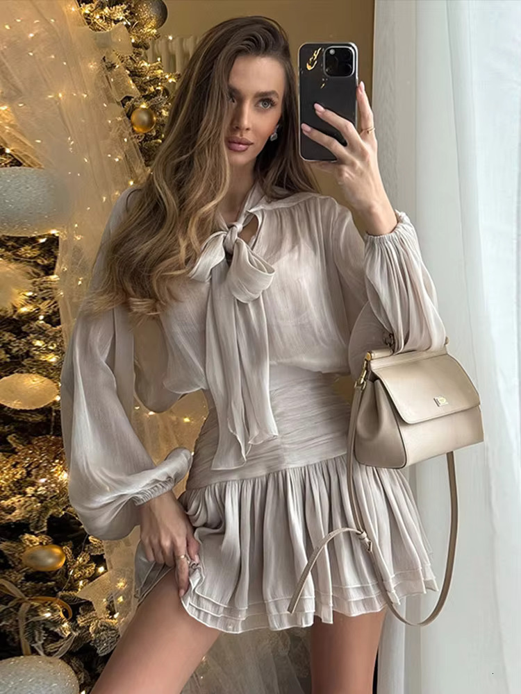 Elegant Bow Lace Up Top Skirts Set For Women O-Neck Long Lantern Sleeve Blouses High Waist Pleated Skirt 2025 New Lady Outfits
