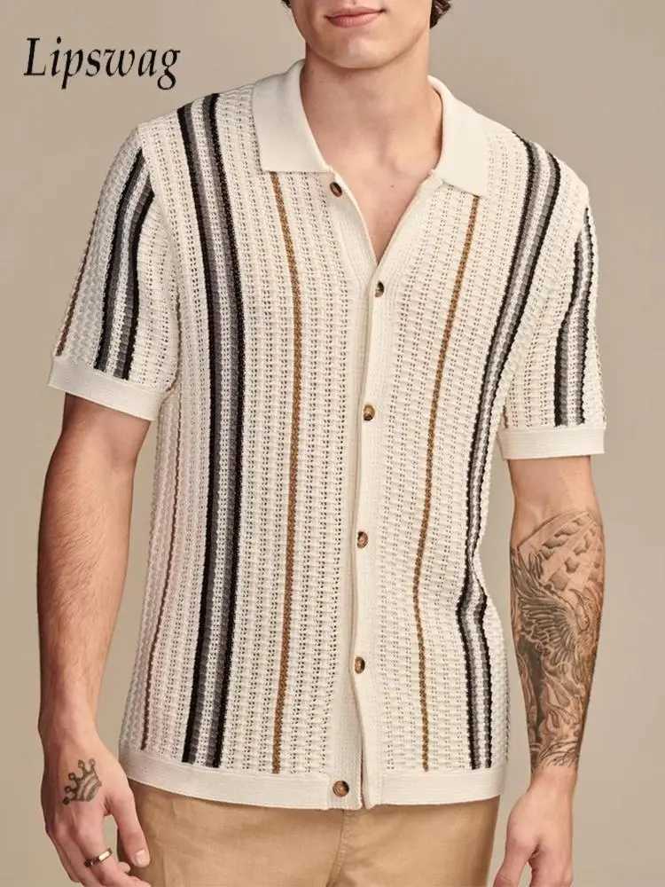 Luxury mens knitted shirt summer breathable slim fit short sleeved knitted casual shirt mens retro striped crochet knitted shirt W250211